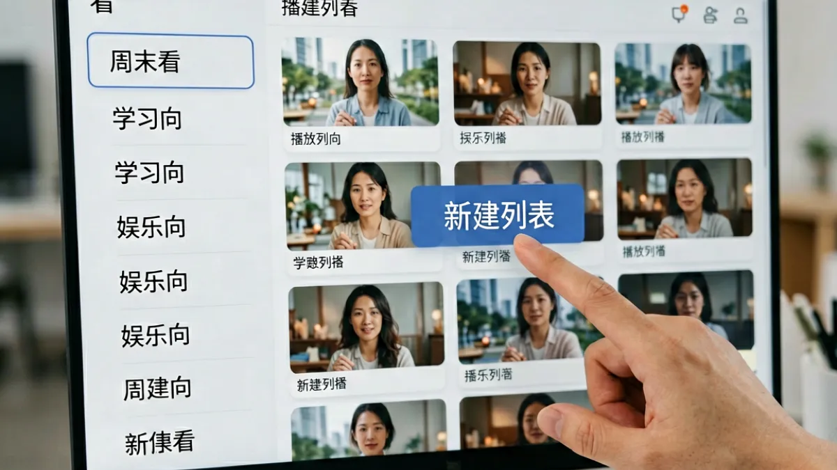 用户在樱花视频收藏夹界面创建播放列表，展示分类管理视频的操作流程