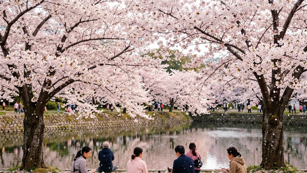 樱花视频中一段实拍日本弘前公园千本樱盛开场景，花瓣随风飘落，观众席地而坐