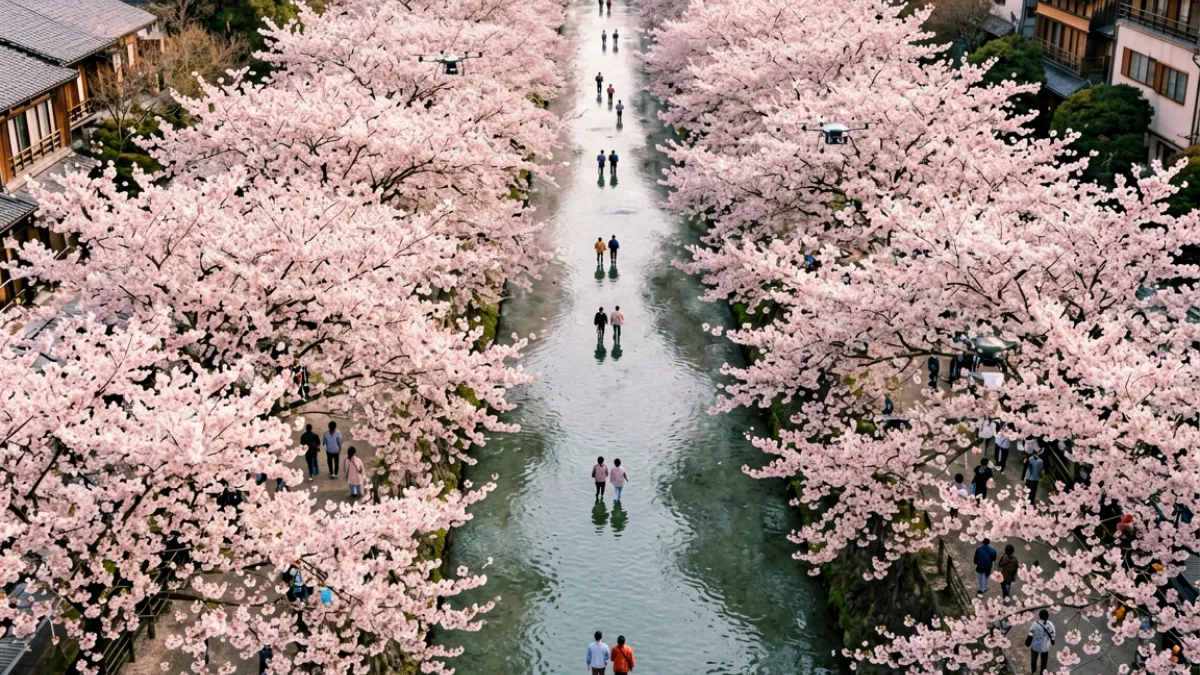 樱花视频中航拍视角下京都哲学之道两侧樱花长廊的全景俯拍画面，河道清晰可见